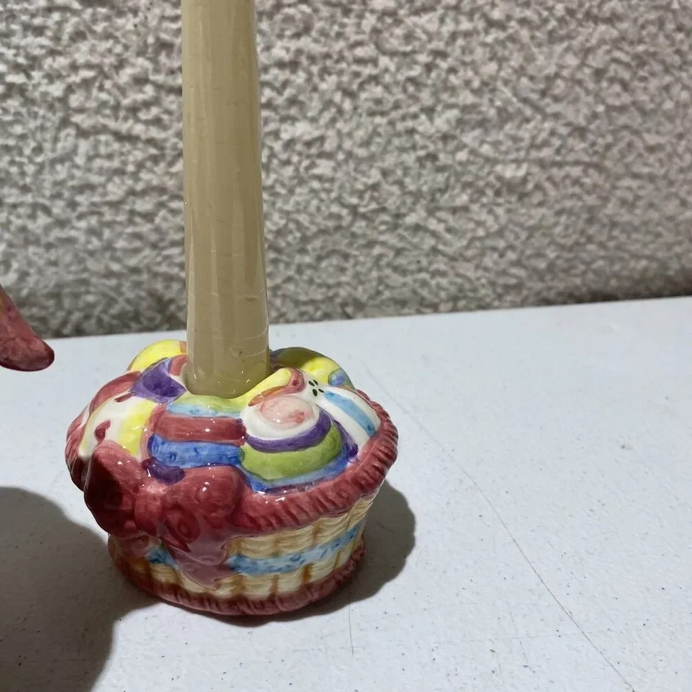 Set of 3 Ceramic Easter Egg Basket & 2 Candleholders Centerpiece